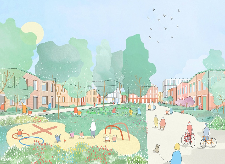 Visualisierung: Zeigt unversiegelte Freiflächen, die unmittelbar im Wohnumfeld integriert werden Visualisierung: Zeigt unversiegelte Freiflächen, die unmittelbar im Wohnumfeld integriert werden