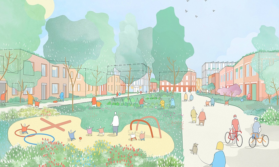 Visualisierung: Zeigt unversiegelte Freiflächen, die unmittelbar im Wohnumfeld integriert werden Visualisierung: Zeigt unversiegelte Freiflächen, die unmittelbar im Wohnumfeld integriert werden