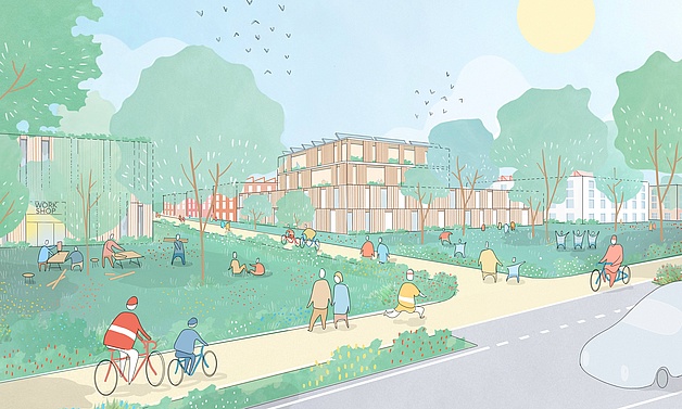 Visualisierung: Zeigt die Integration des Gewerbegebiets im Quartier Visualisierung: Zeigt die Integration des Gewerbegebiets im Quartier