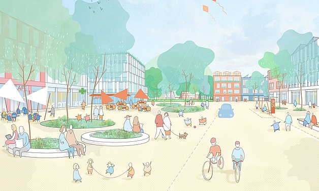 Visualisierung: Zeigt den zukünftigen Entreeplatz des Quartiers Visualisierung: Zeigt den zukünftigen Entreeplatz des Quartiers