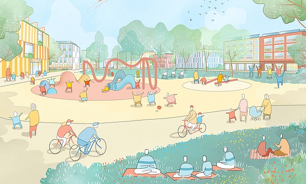 Visualisierung: Zeigt die grüne Mitte als Ort der Begegnung und Freizeit Visualisierung: Zeigt die grüne Mitte als Ort der Begegnung und Freizeit