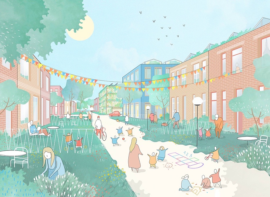 Visualisierung: Zeigt eine Wohnstraße im Quartier. Visualisierung: Zeigt eine Wohnstraße im Quartier.